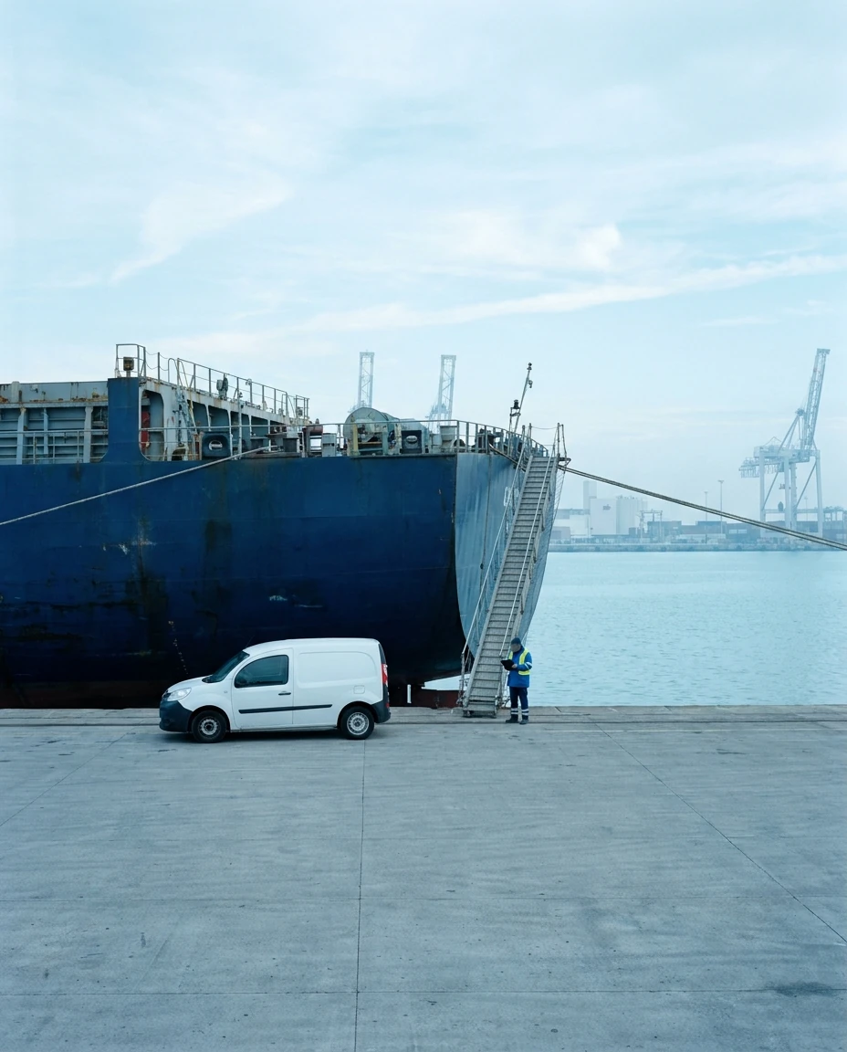 A lone supplier van dwarfed by a cargo ship at an unfamiliar foreign port