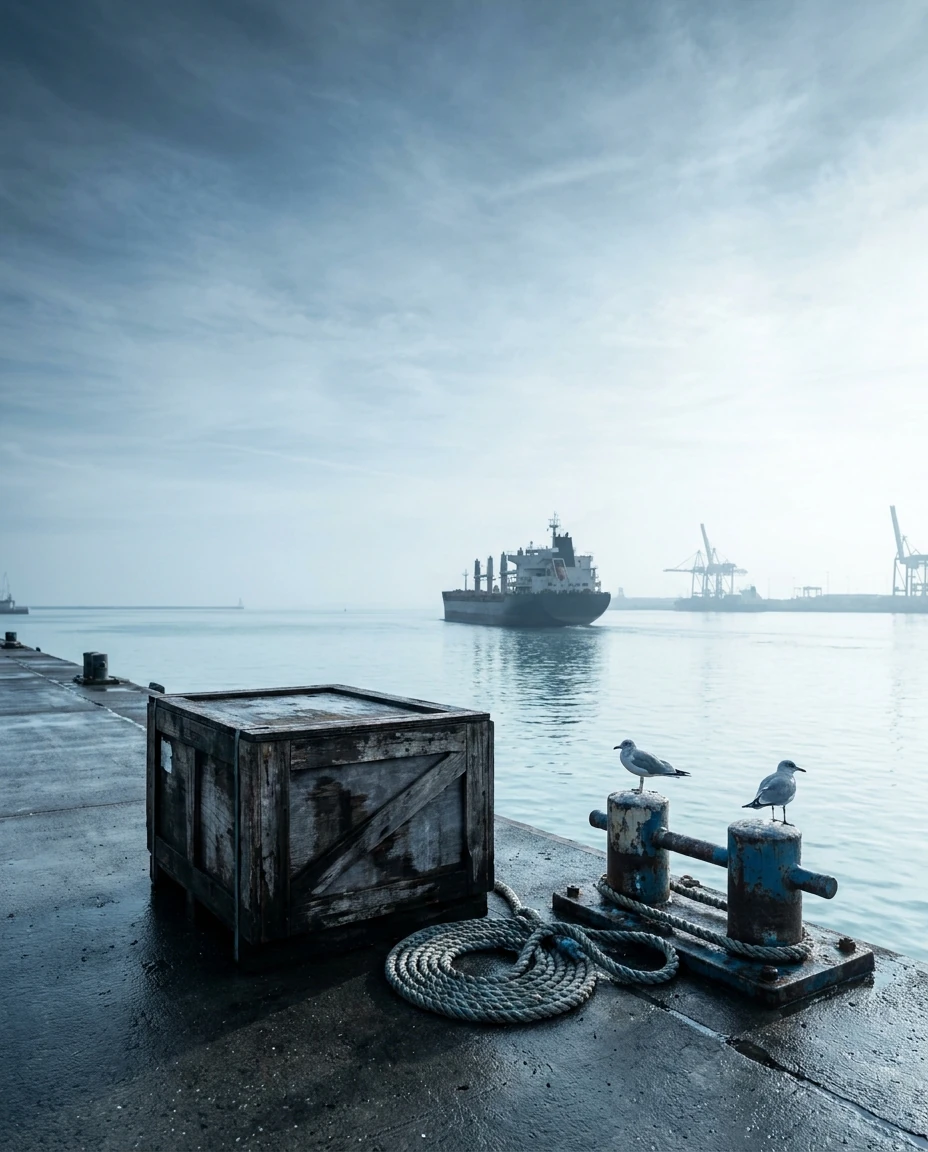 A single wooden cargo crate left alone on an empty dock at dawn as the ship sails away
